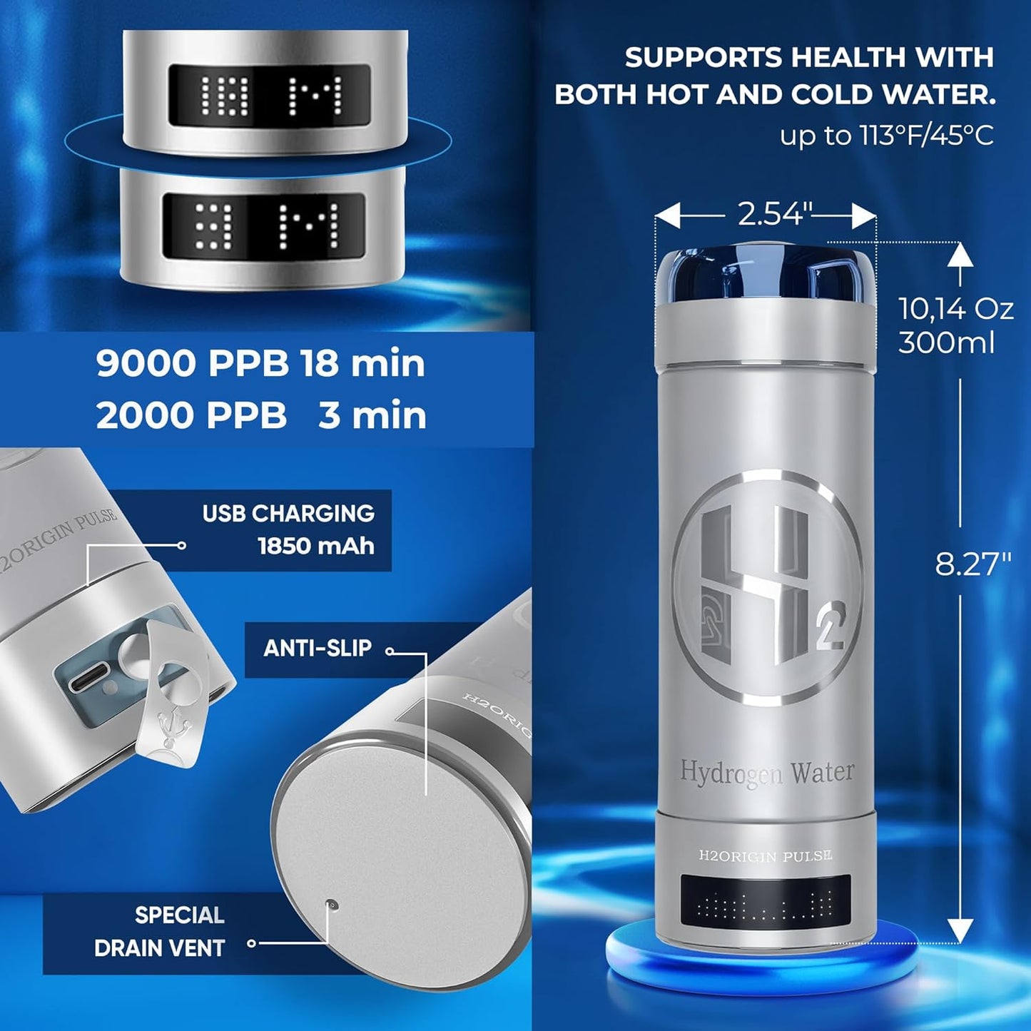 Hydrogen Water Bottle Generator Silver