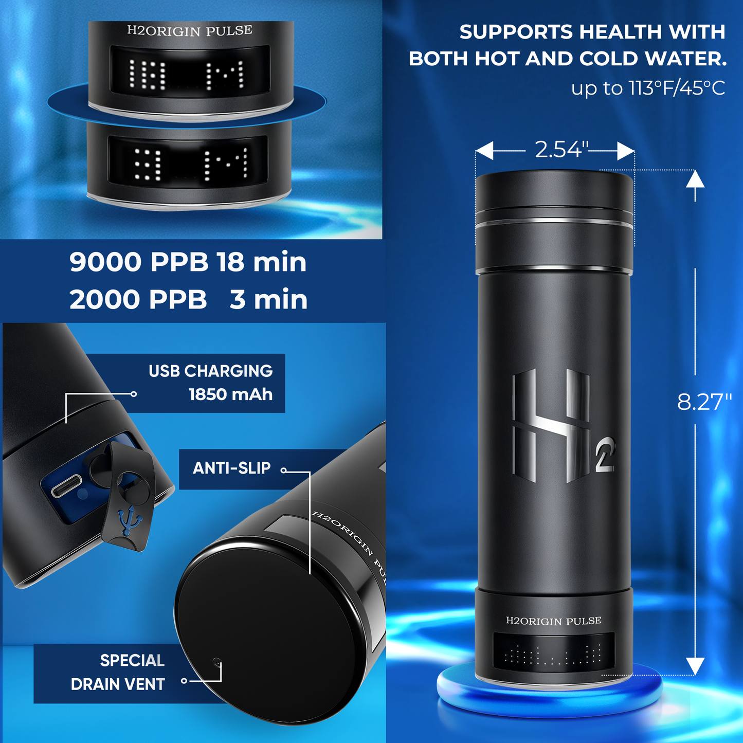 Hydrogen Water Bottle Generator, Up to 9000 PPB Hydrogen Bottle Water Ionizer with SPE/PEM Technology, 3-in-1 Portable Universal Adapter and Refreshing Mist Spray