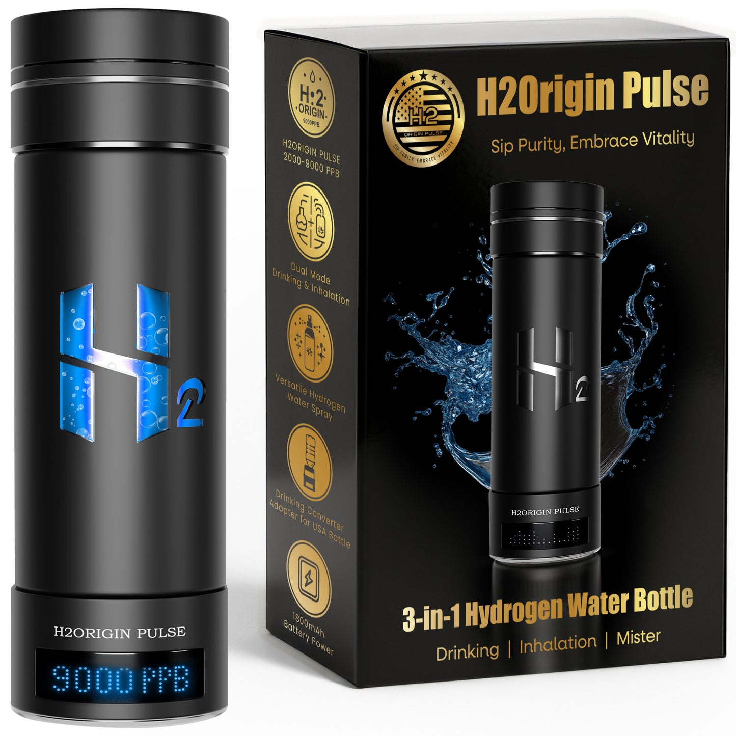 Hydrogen Water Bottle Generator, Up to 9000 PPB Hydrogen Bottle Water Ionizer with SPE/PEM Technology, 3-in-1 Portable Universal Adapter and Refreshing Mist Spray